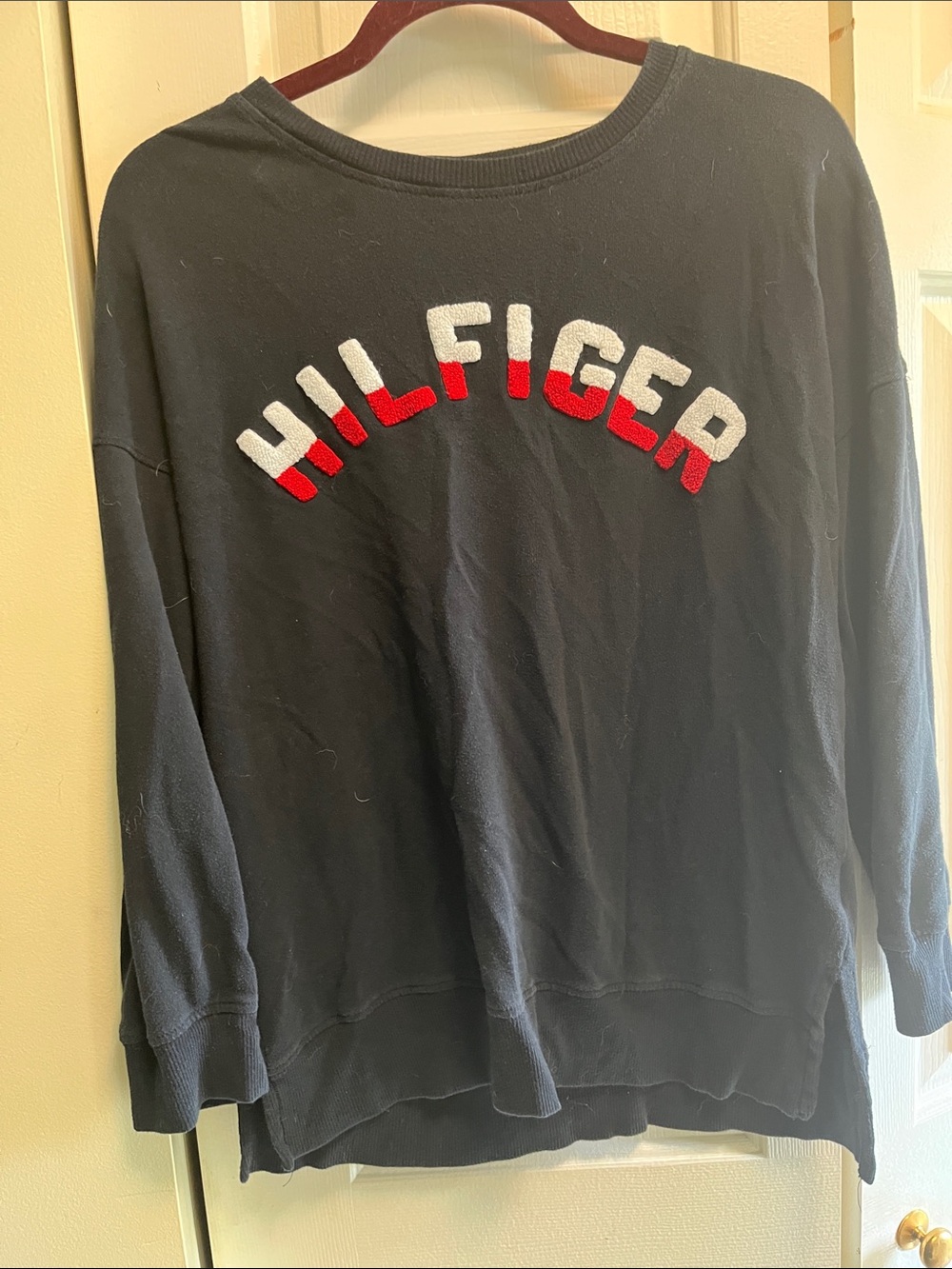 Tommy Hilfiger Navy Crewneck Sweater with Red & White Lettering